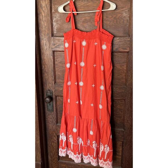 Joie Cleta Red White Salsa Embroidered Parrot Cotton Eyelet Maxi Dress Sz L - Picture 5 of 11